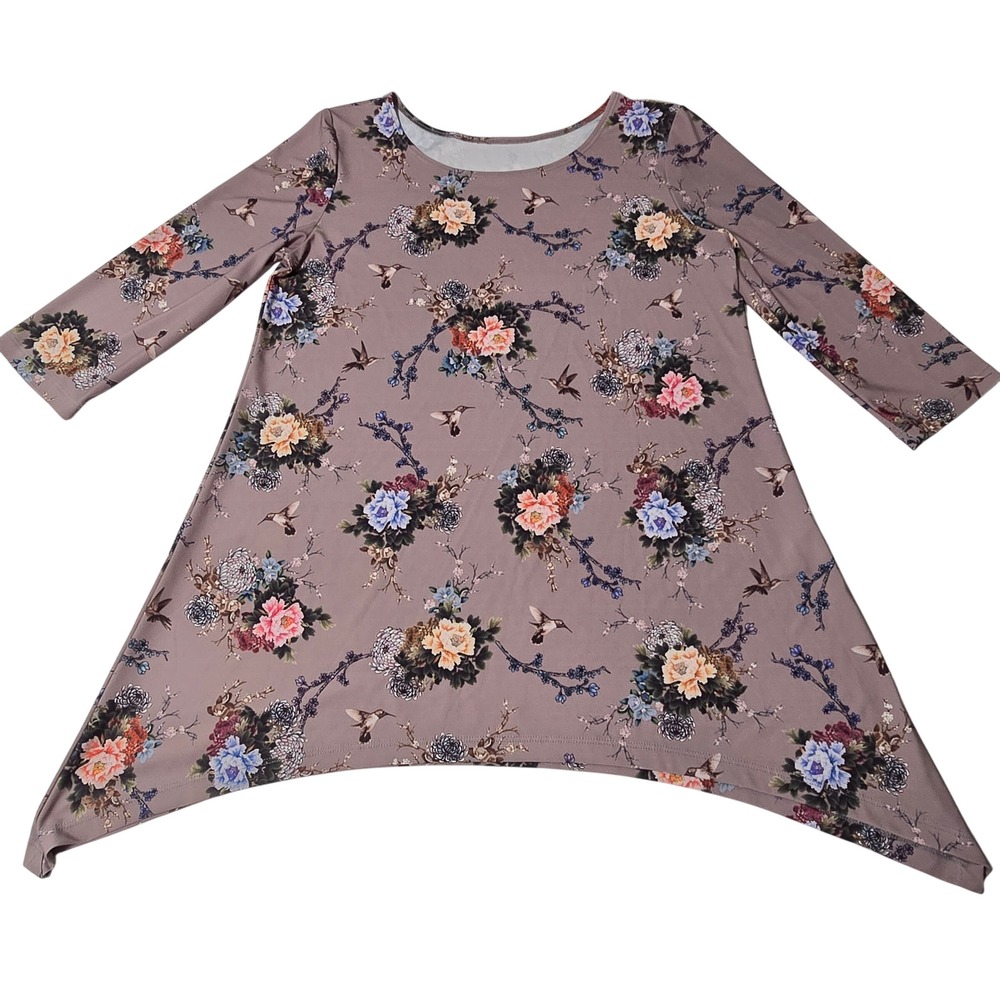 Floral Hummingbird Sharkbite Hem Tunic Top Mauve 3/4 Sleeve 4 Way Stretch A Line